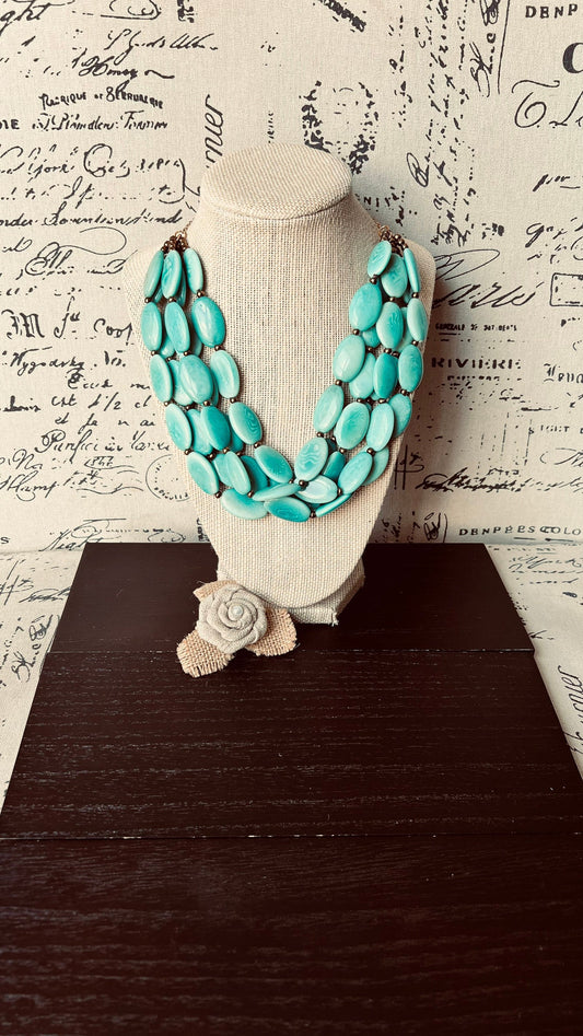 Turquoise green fashion multi strand necklace Statement beaded necklace for women Tagua necklace Lightweight with gold chain Big bold chunky