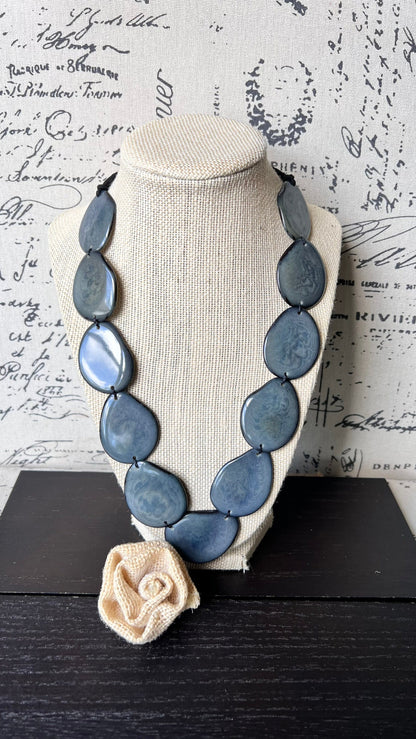 Tagua jewelry Gray bib necklace Simple beaded necklace Spring fashion trend Long beaded statement collar with adjustable leather strap