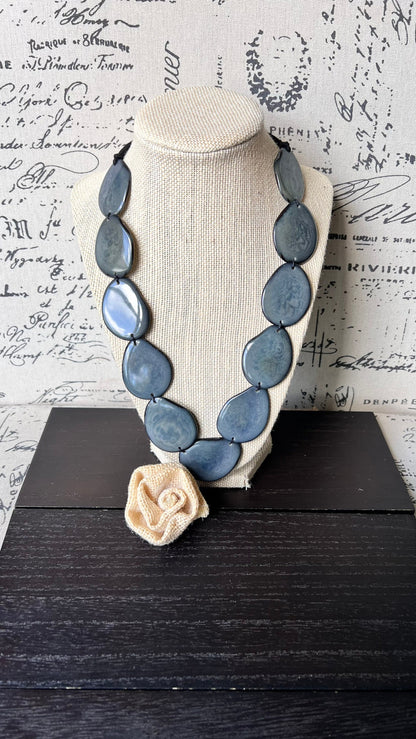 Tagua jewelry Gray bib necklace Simple beaded necklace Spring fashion trend Long beaded statement collar with adjustable leather strap