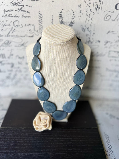 Tagua jewelry Gray bib necklace Simple beaded necklace Spring fashion trend Long beaded statement collar with adjustable leather strap