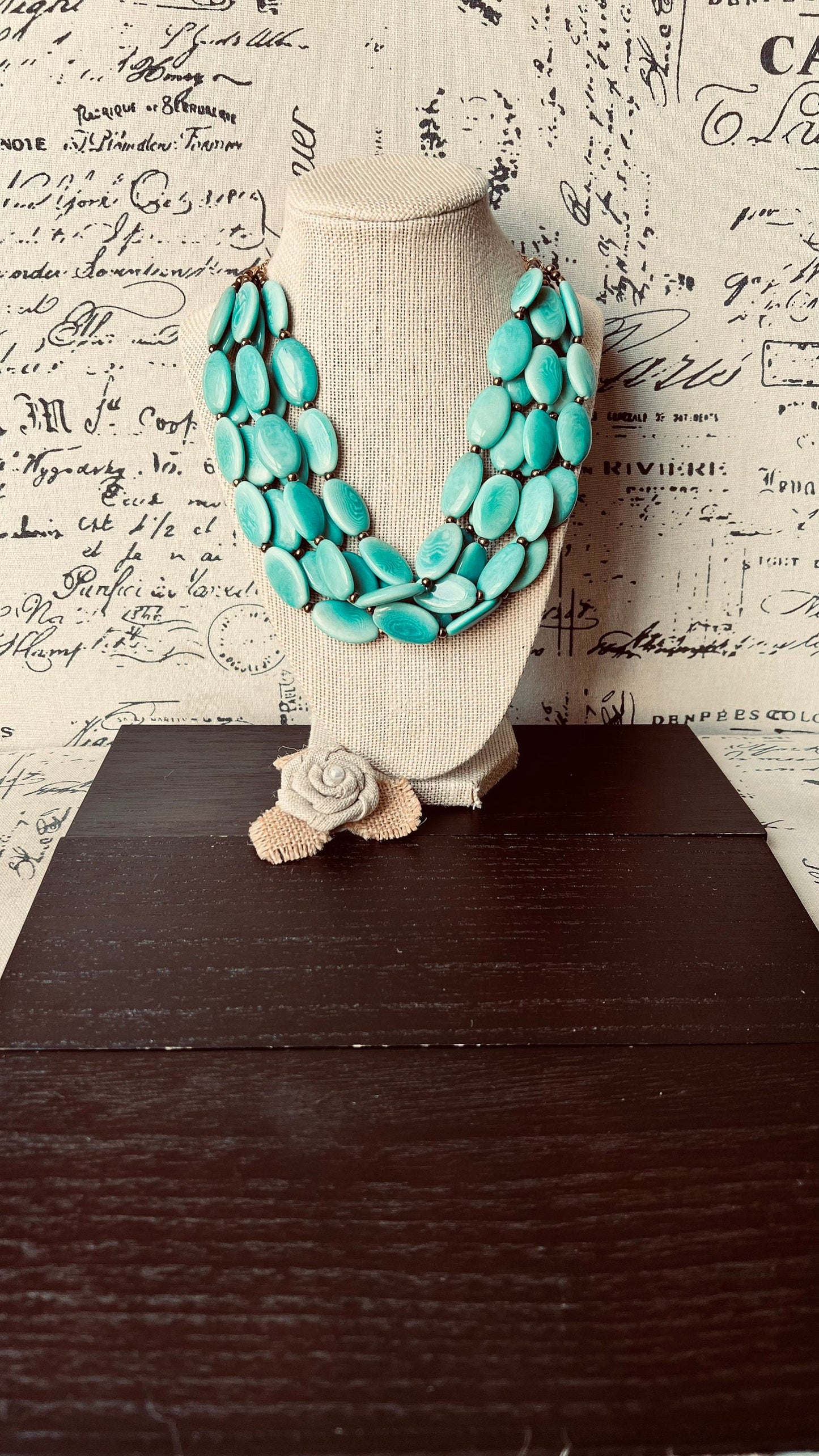 Turquoise green fashion multi strand necklace Statement beaded necklace for women Tagua necklace Lightweight with gold chain Big bold chunky
