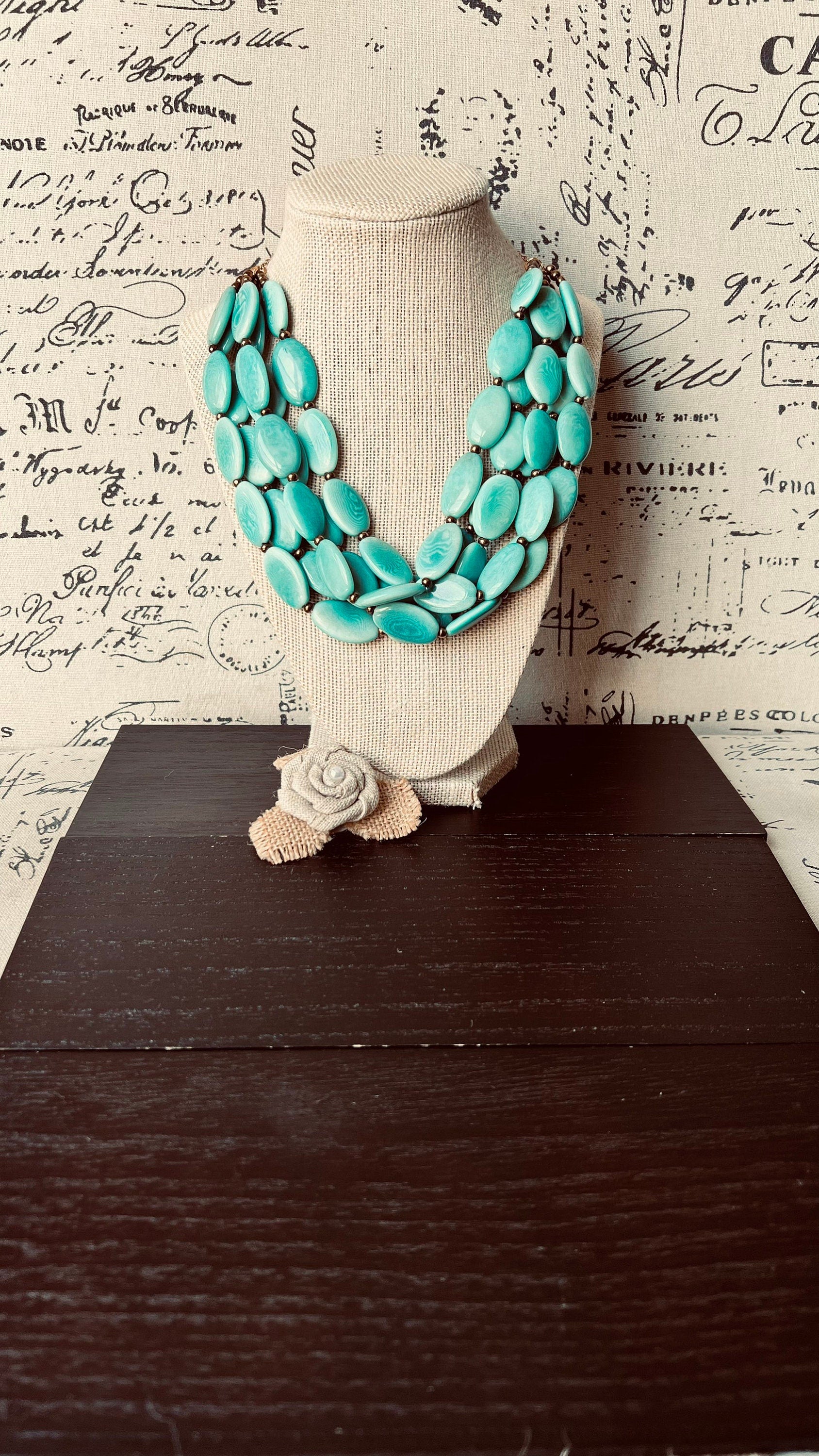 Turquoise green fashion multi strand necklace Statement beaded necklace for women Tagua necklace Lightweight with gold chain Big bold chunky