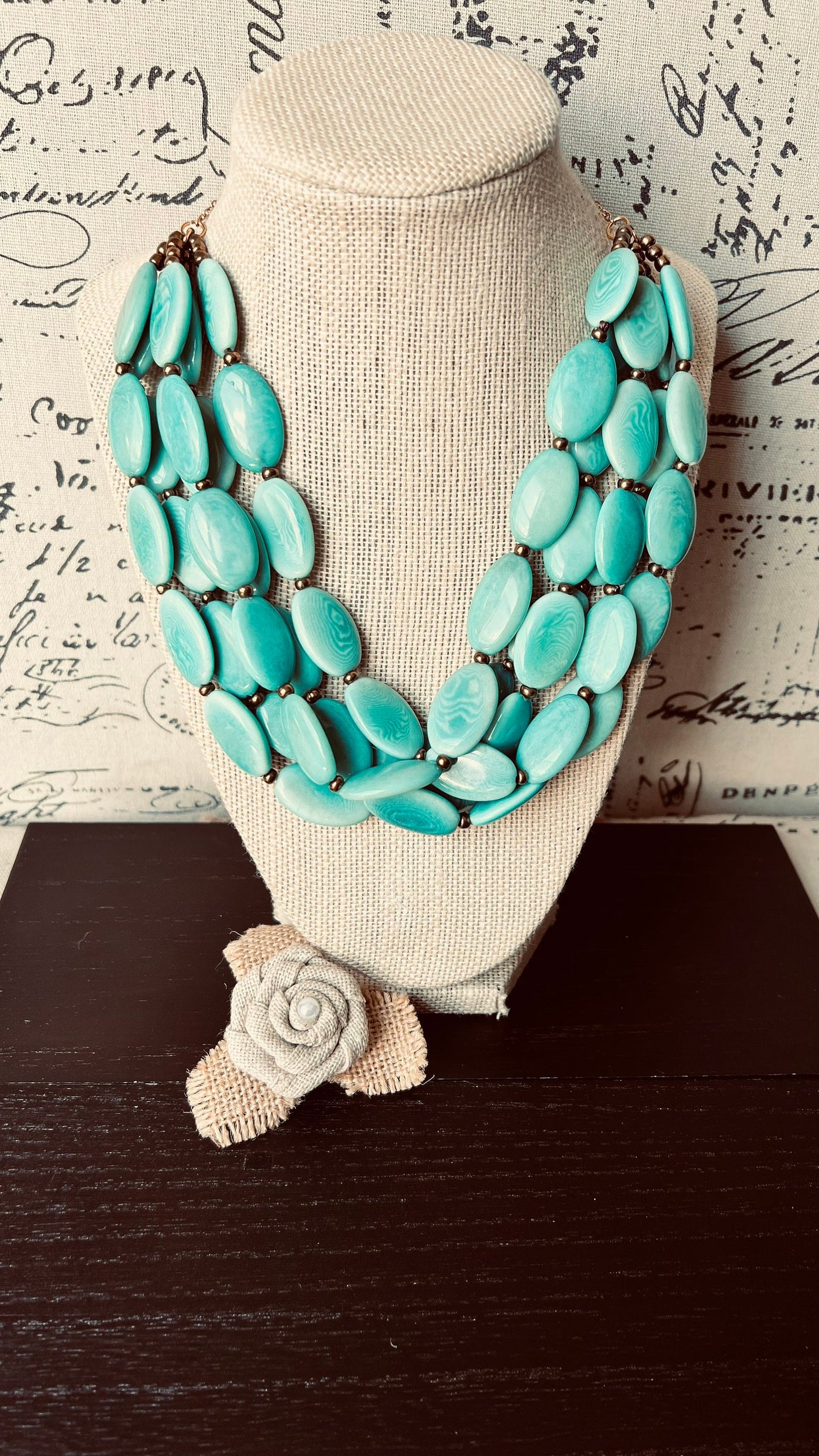 Turquoise green fashion multi strand necklace Statement beaded necklace for women Tagua necklace Lightweight with gold chain Big bold chunky