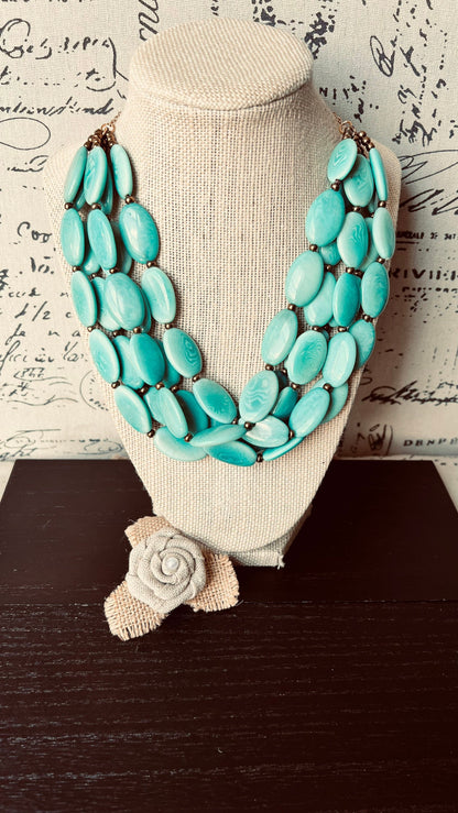 Turquoise green fashion multi strand necklace Statement beaded necklace for women Tagua necklace Lightweight with gold chain Big bold chunky