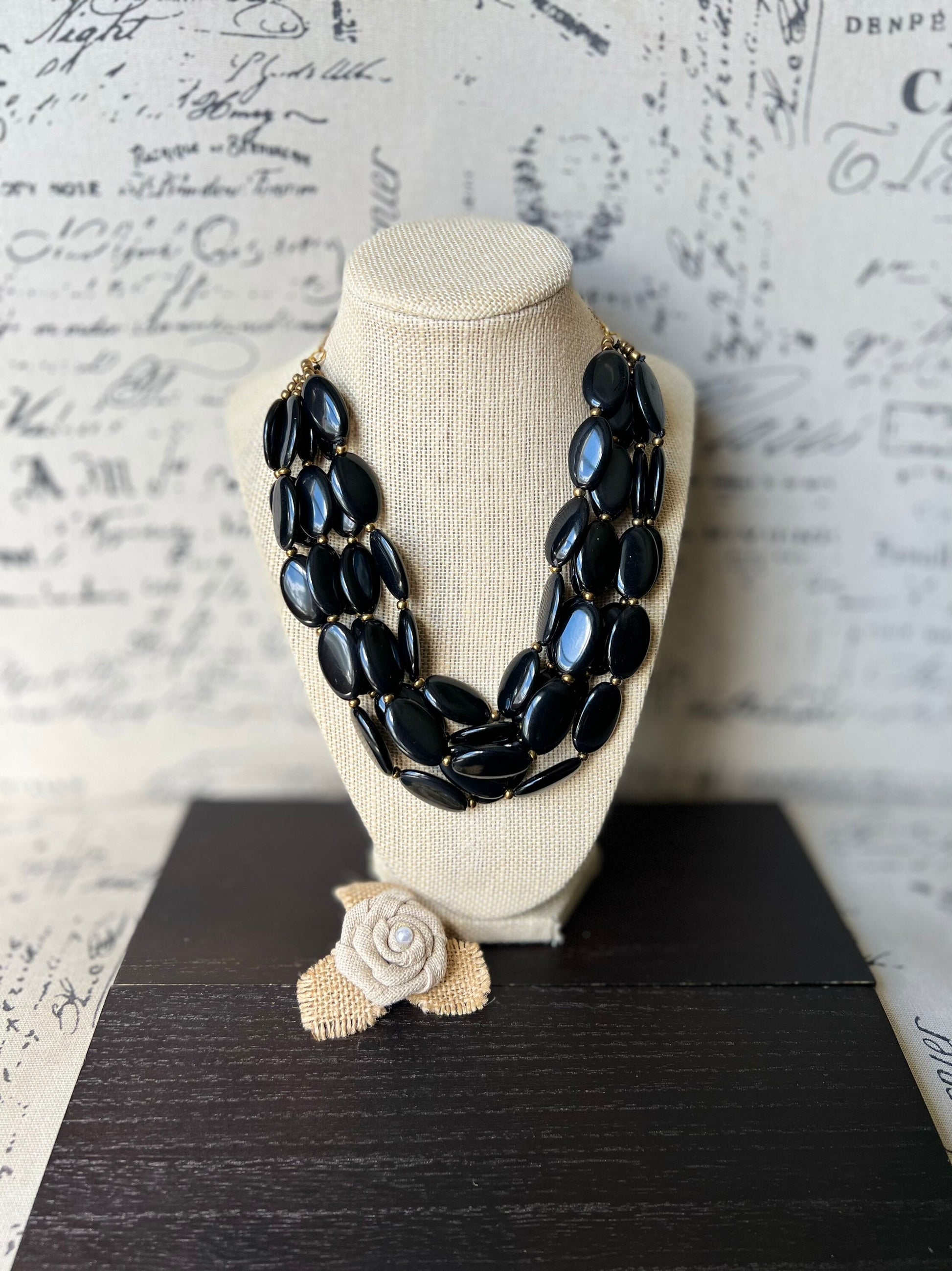Black fashion multi strand necklace Statement beaded bib necklace for women Tagua nut necklace Lightweight with gold chain Big bold chunky
