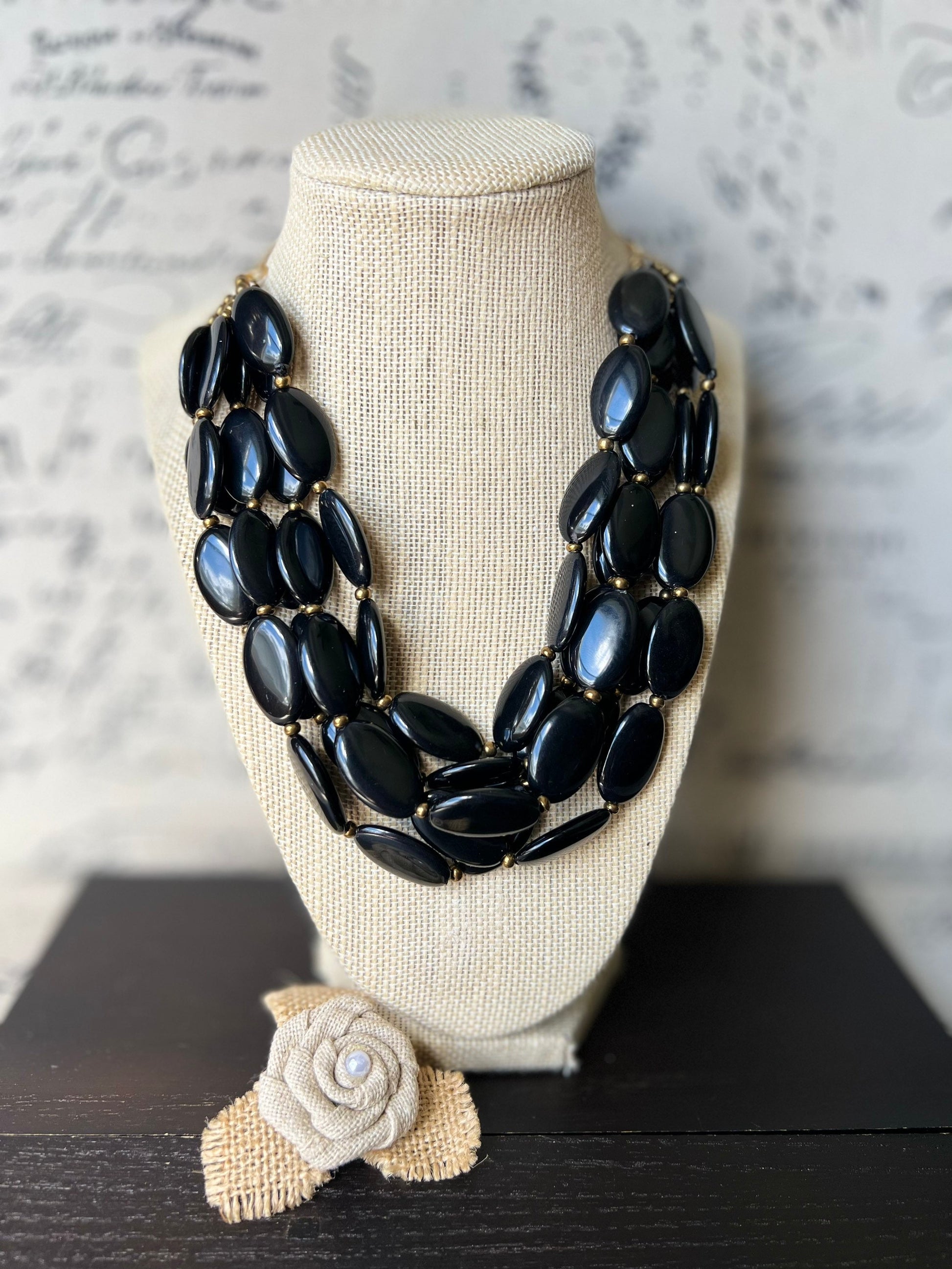 Black fashion multi strand necklace Statement beaded bib necklace for women Tagua nut necklace Lightweight with gold chain Big bold chunky