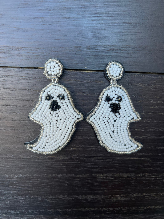 Halloween earrings jewelry Ghost spooky season jewelry Halloween themed beaded jewelry Seed bead drop earrings Fall fashion trend For party