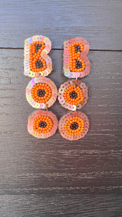 Boo seed bead earrings Halloween jewelry for women Seed bead drop earrings Fall fashion trend Orange long lightweight dangles