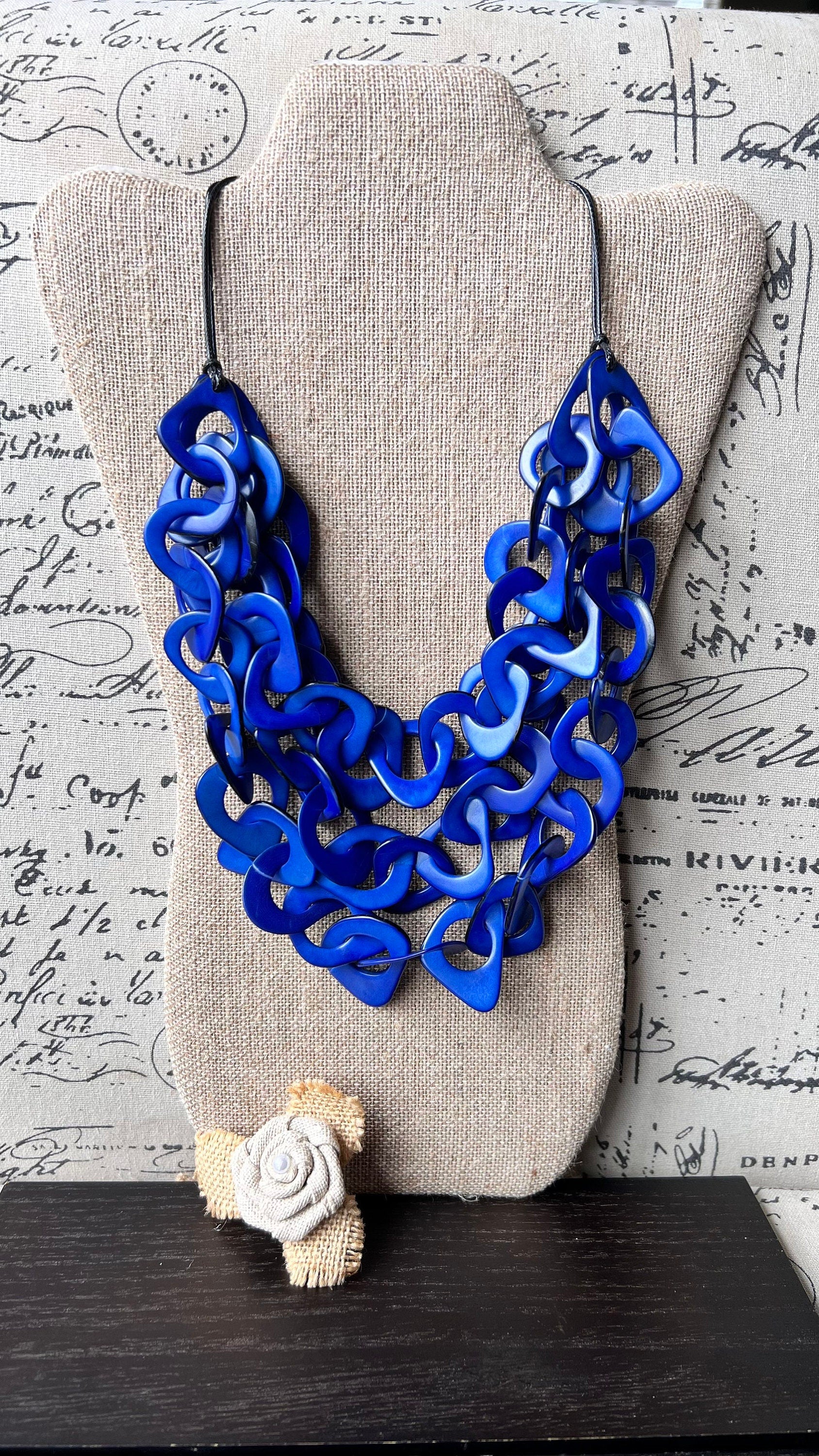 Royal blue big bold chunky necklace Tagua nut jewelry Adjustable collar Statement necklaces Christmas gifts for wife Holidays fashion trends