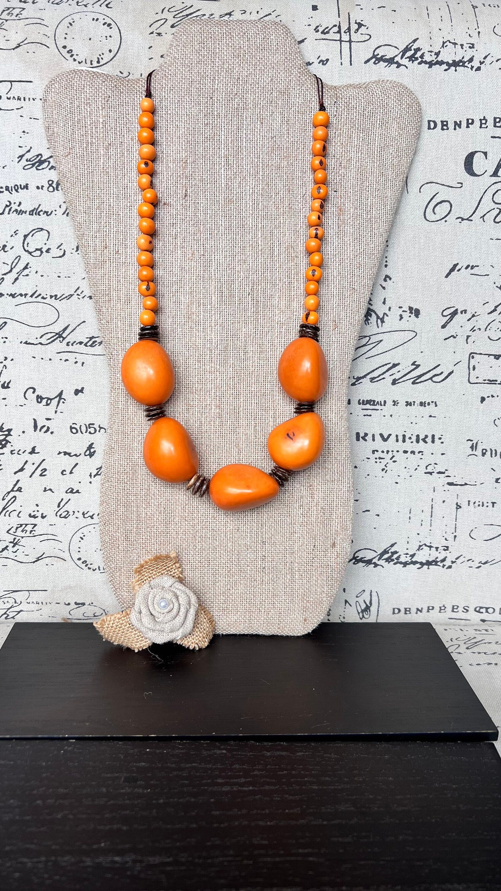 Orange extra long tagua necklace Spring fashion trends Lightweight and adjustable statement Mother's day gifts Anniversary gifts for wife