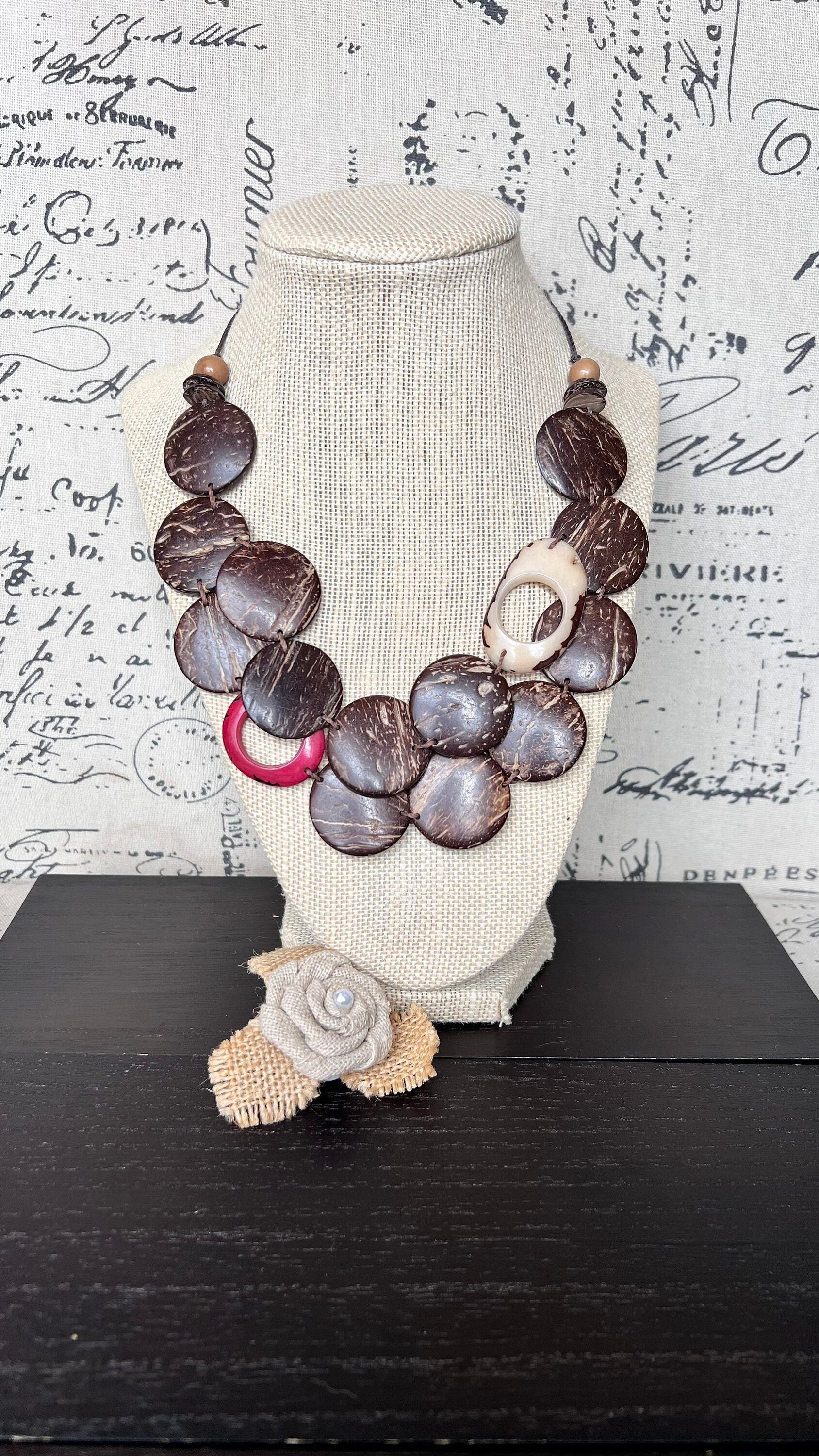 Brown statement necklace Tagua coconut jewelry with red and white accent beads Big bold chunky necklace Double layer bib Christmas gifts