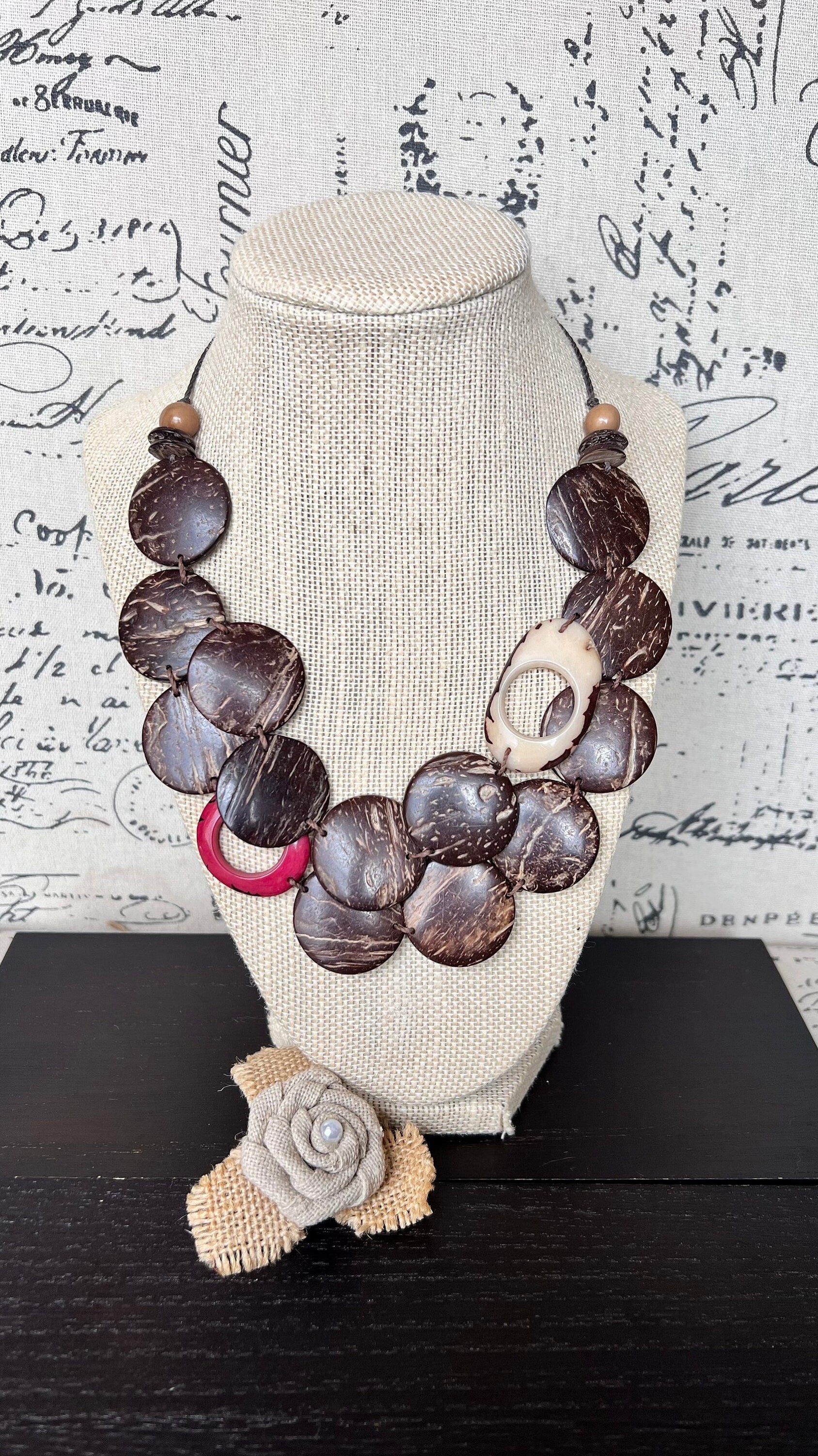 Brown statement necklace Tagua coconut jewelry with red and white accent beads Big bold chunky necklace Double layer bib Christmas gifts