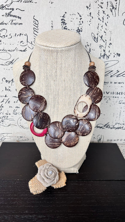 Brown statement necklace Tagua coconut jewelry with red and white accent beads Big bold chunky necklace Double layer bib Christmas gifts