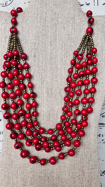 Beaded statement necklace Red long Acai seed necklace Lightweight jewelry Beach fashion trends Summer style Anniversary gifts for wife