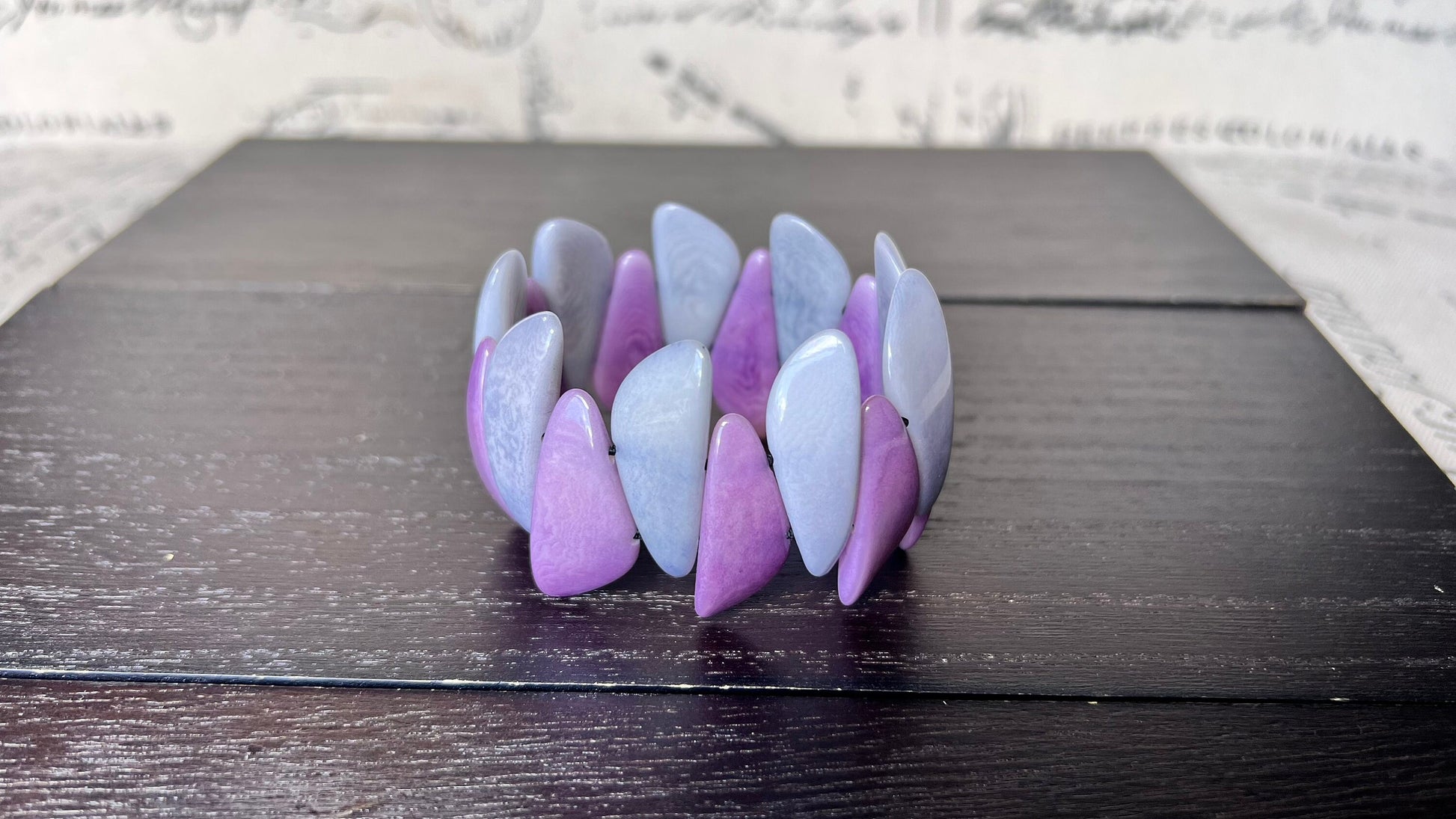 Purple and gray beaded bracelet Tagua jewelry Multicolor stretch bangle Beach wedding trends Mothers day gifts under 25 Spring fashion style