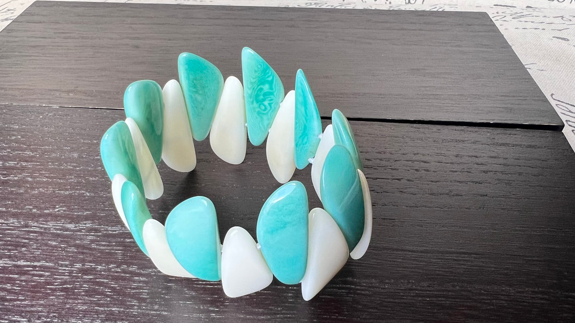 Turquoise green white beaded bracelet Stocking stuffers under 25 Tagua jewelry Multicolor stretch bangle Beach wedding trends Fall fashion