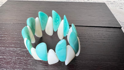 Turquoise green white beaded bracelet Stocking stuffers under 25 Tagua jewelry Multicolor stretch bangle Beach wedding trends Fall fashion