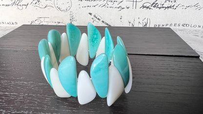 Turquoise green white beaded bracelet Stocking stuffers under 25 Tagua jewelry Multicolor stretch bangle Beach wedding trends Fall fashion
