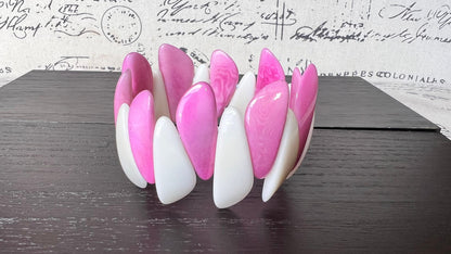 Hot pink and white beaded bracelet Tagua jewelry Mother's day gifts under 25 Multicolor stretch bangle Beach wedding trends Summer style