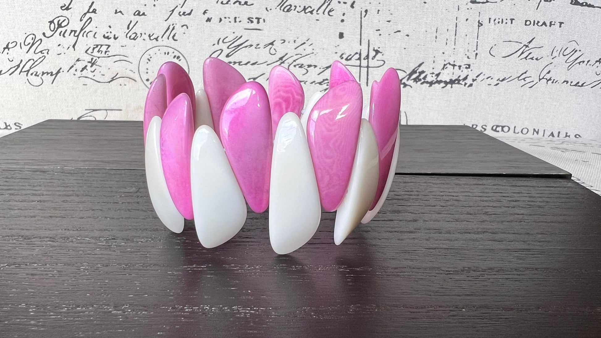 Hot pink and white beaded bracelet Tagua jewelry Mother's day gifts under 25 Multicolor stretch bangle Beach wedding trends Summer style