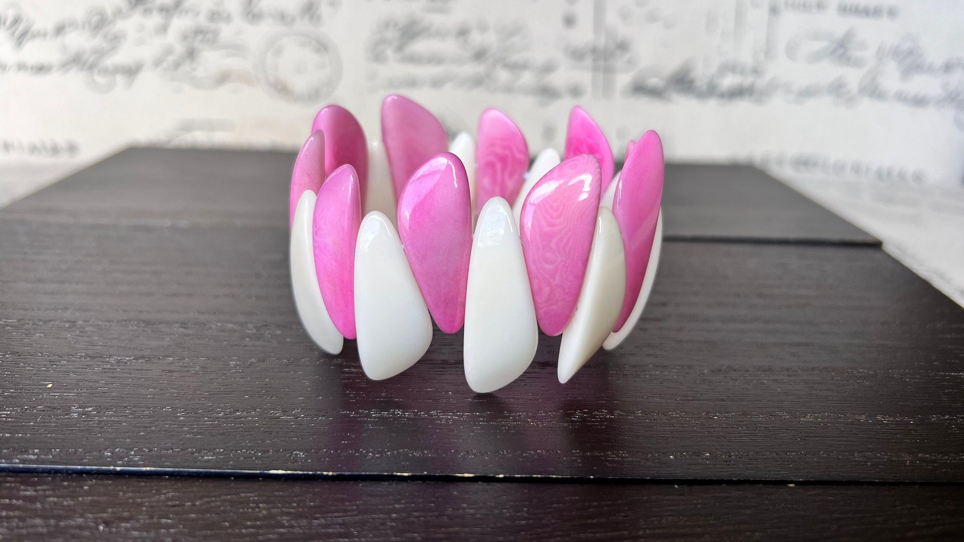 Hot pink and white beaded bracelet Tagua jewelry Mother's day gifts under 25 Multicolor stretch bangle Beach wedding trends Summer style