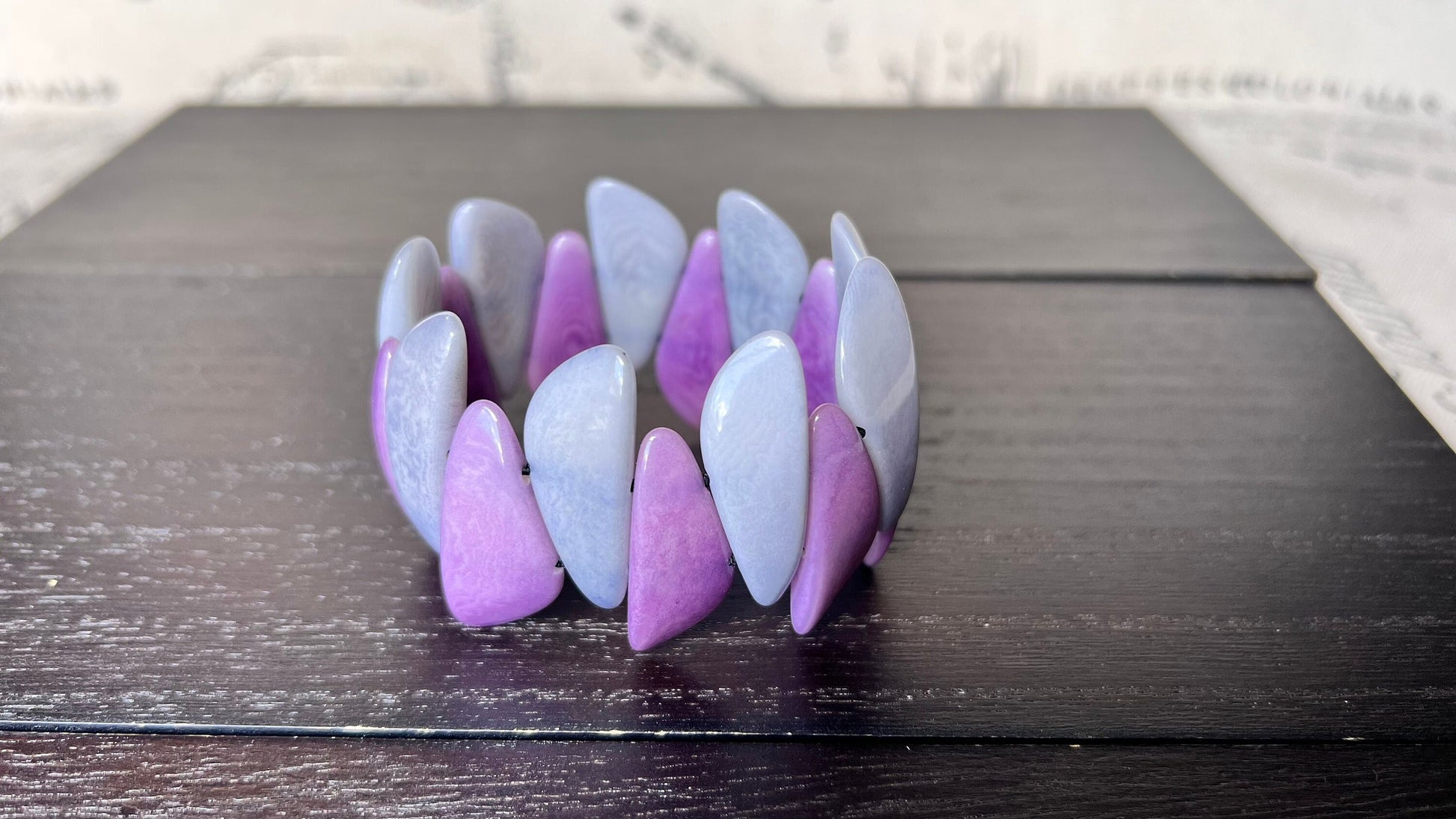 Purple and gray beaded bracelet Tagua jewelry Multicolor stretch bangle Beach wedding trends Mothers day gifts under 25 Spring fashion style