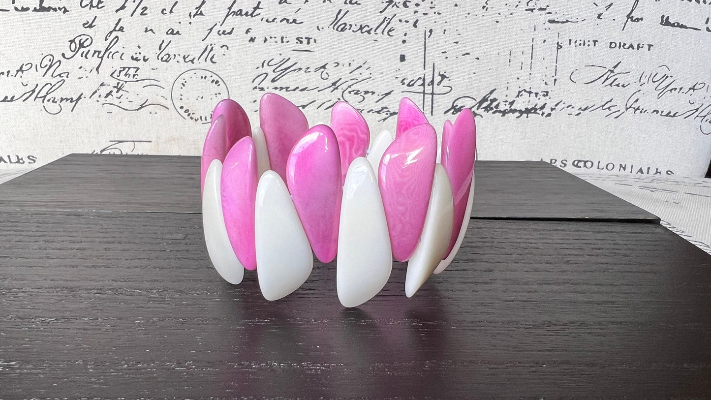 Hot pink and white beaded bracelet Tagua jewelry Mother's day gifts under 25 Multicolor stretch bangle Beach wedding trends Summer style