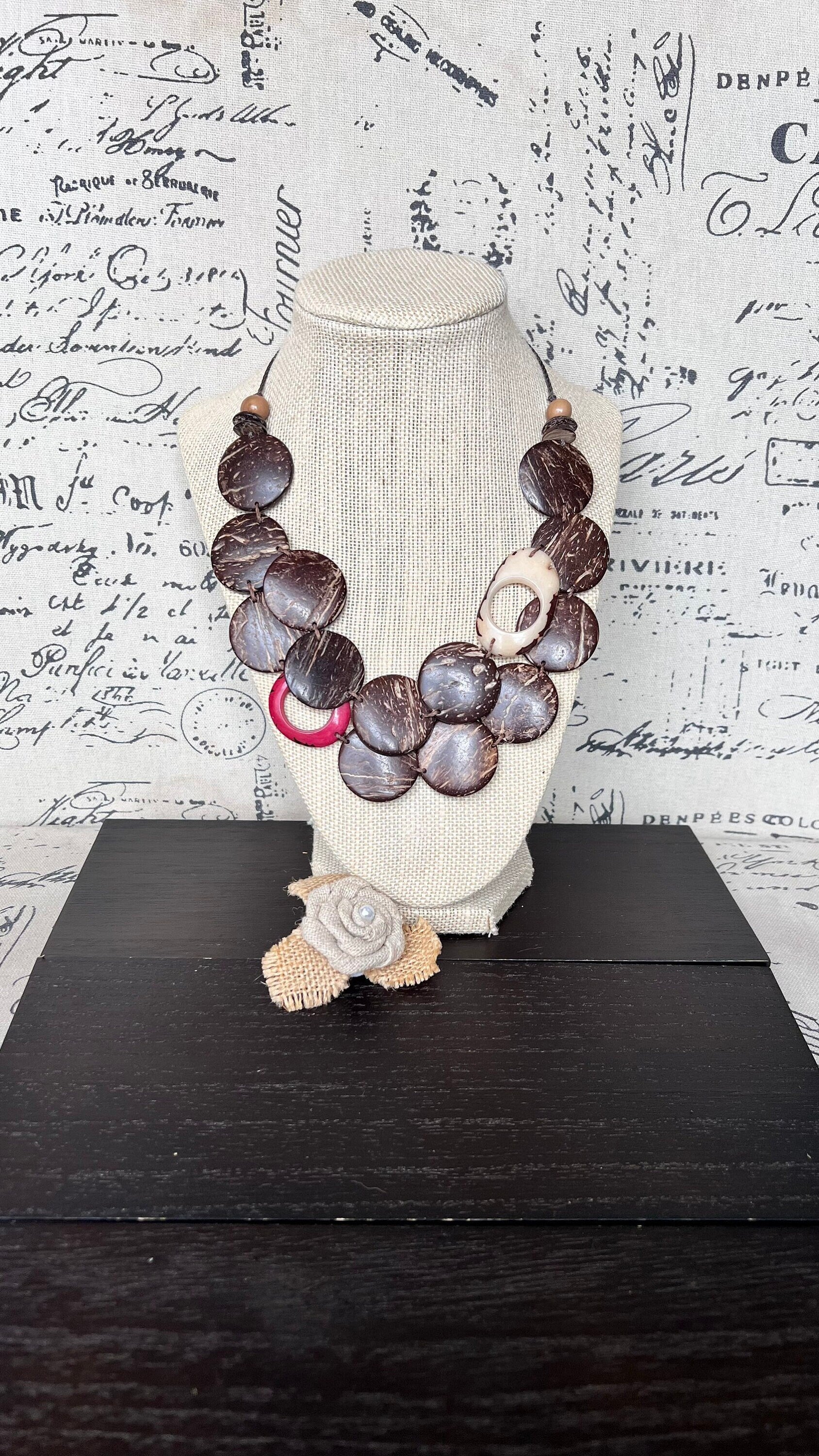 Brown statement necklace Tagua coconut jewelry with red and white accent beads Big bold chunky necklace Double layer bib Christmas gifts