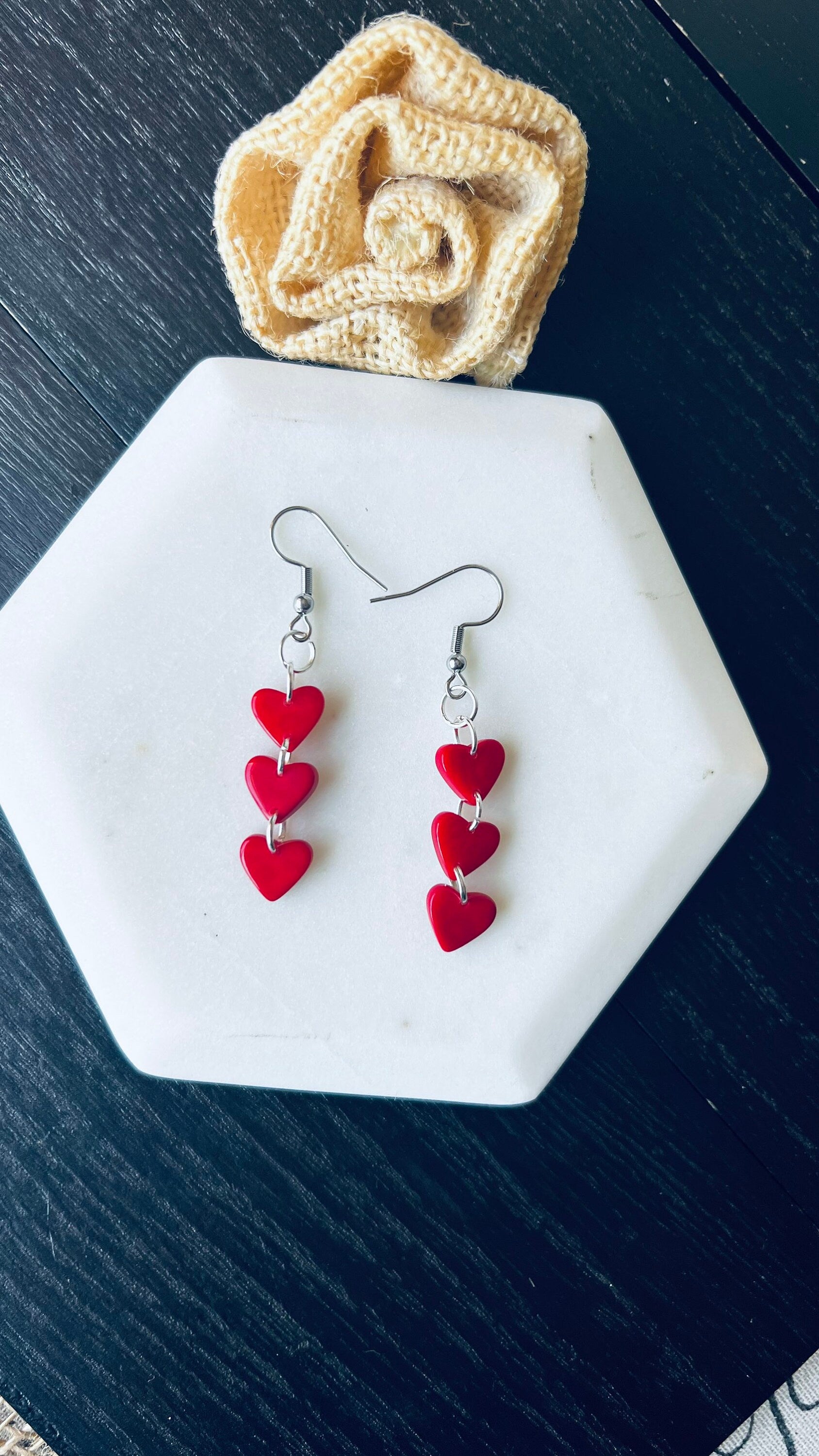 Christmas earrings Red hearts extra long statement earrings Tagua jewelry Xmas fashion Casual trendy drops Stocking stuffer Lightweight