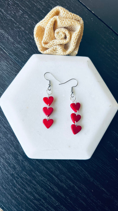 Christmas earrings Red hearts extra long statement earrings Tagua jewelry Xmas fashion Casual trendy drops Stocking stuffer Lightweight