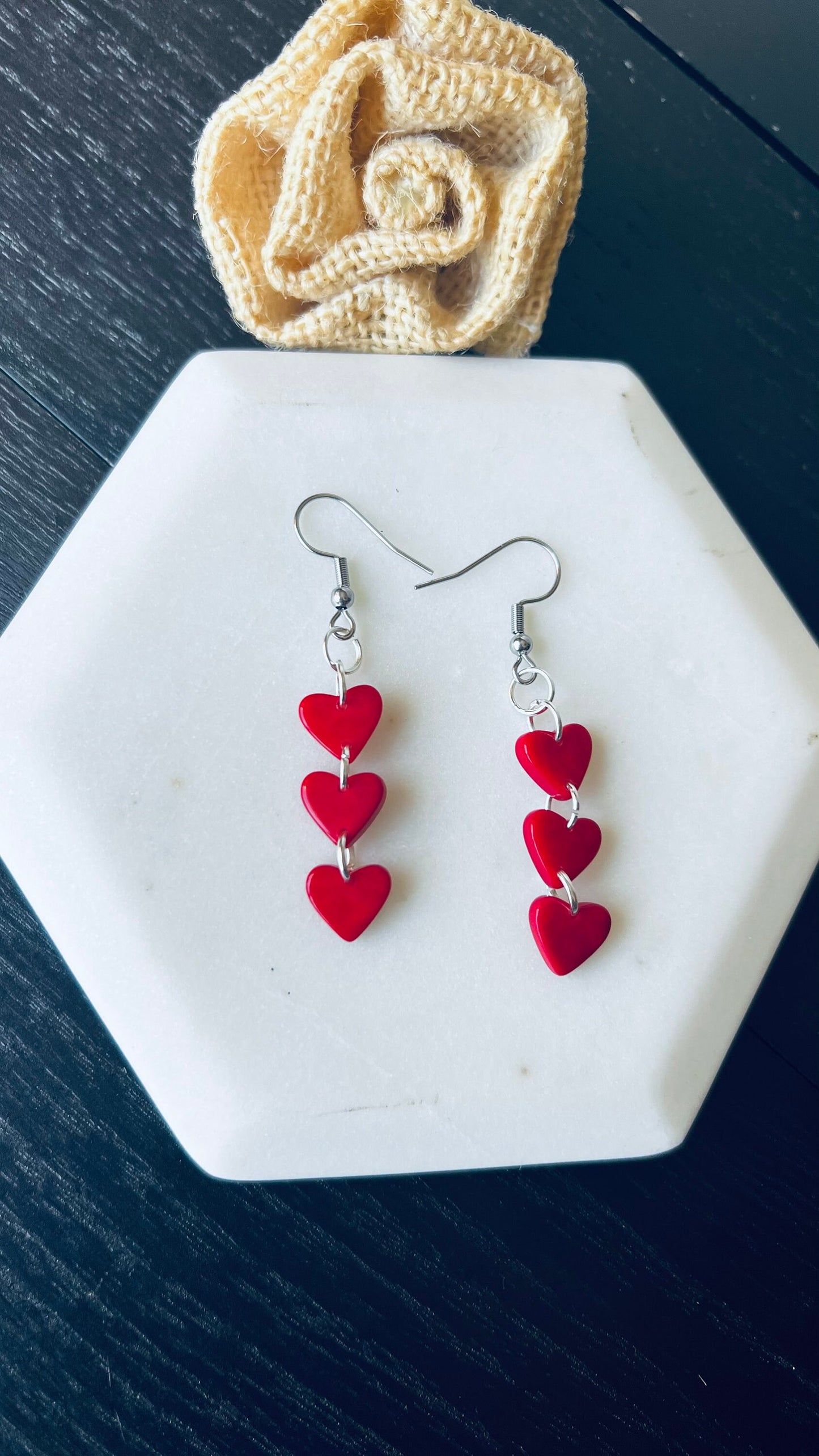 Christmas earrings Red hearts extra long statement earrings Tagua jewelry Xmas fashion Casual trendy drops Stocking stuffer Lightweight