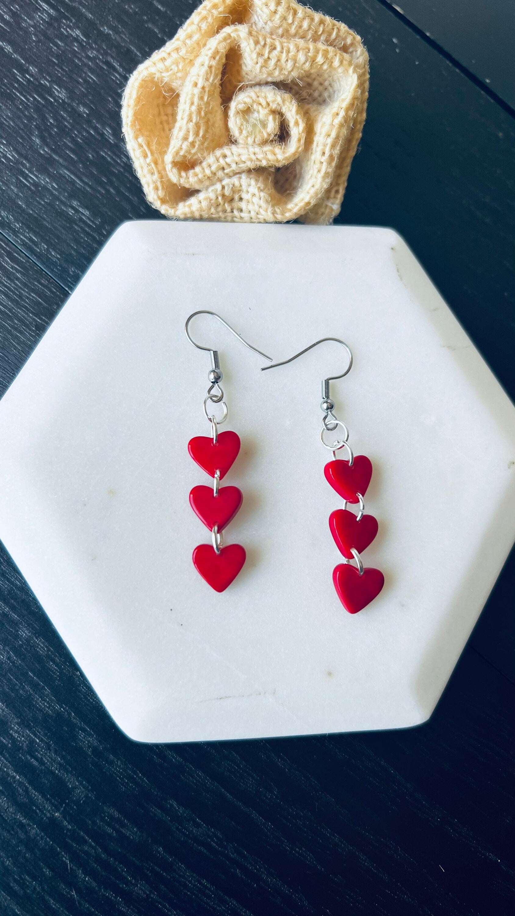 Christmas earrings Red hearts extra long statement earrings Tagua jewelry Xmas fashion Casual trendy drops Stocking stuffer Lightweight