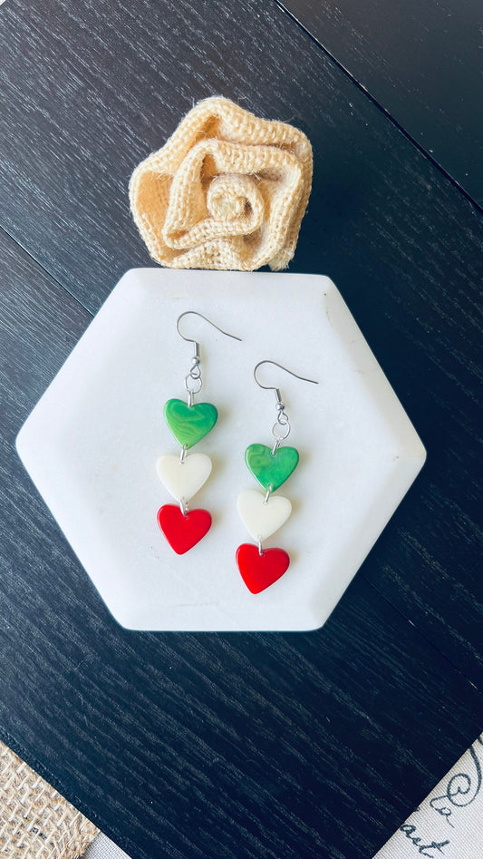 Spring earrings Red green and white hearts extra long statement earrings Tagua jewelry Beach fashion Casual trendy drops Mothers day gifts