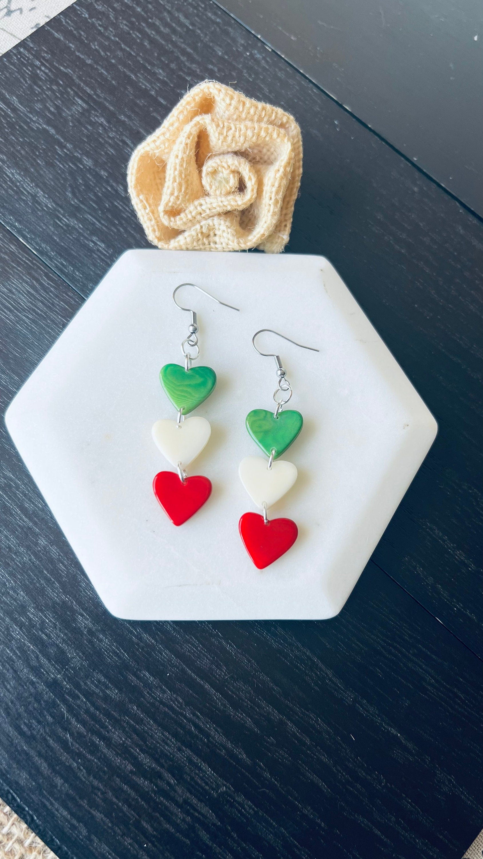 Spring earrings Red green and white hearts extra long statement earrings Tagua jewelry Beach fashion Casual trendy drops Mothers day gifts