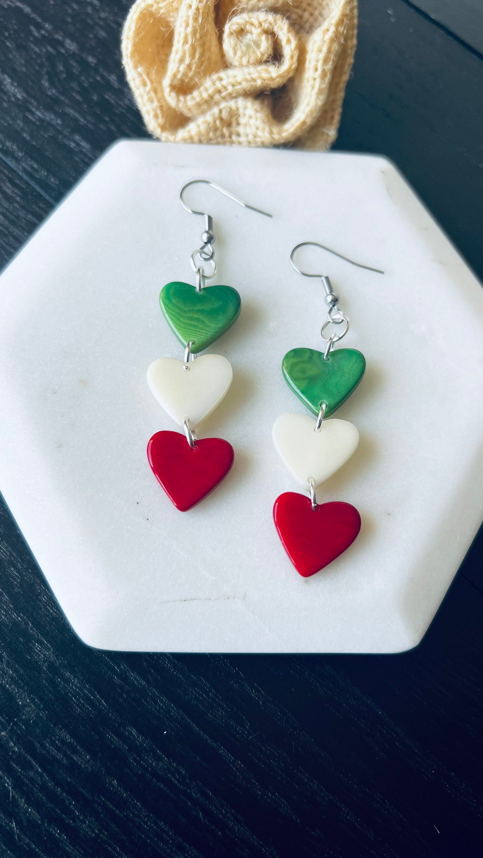 Spring earrings Red green and white hearts extra long statement earrings Tagua jewelry Beach fashion Casual trendy drops Mothers day gifts