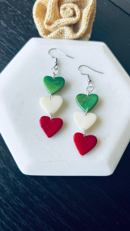 Spring earrings Red green and white hearts extra long statement earrings Tagua jewelry Beach fashion Casual trendy drops Mothers day gifts