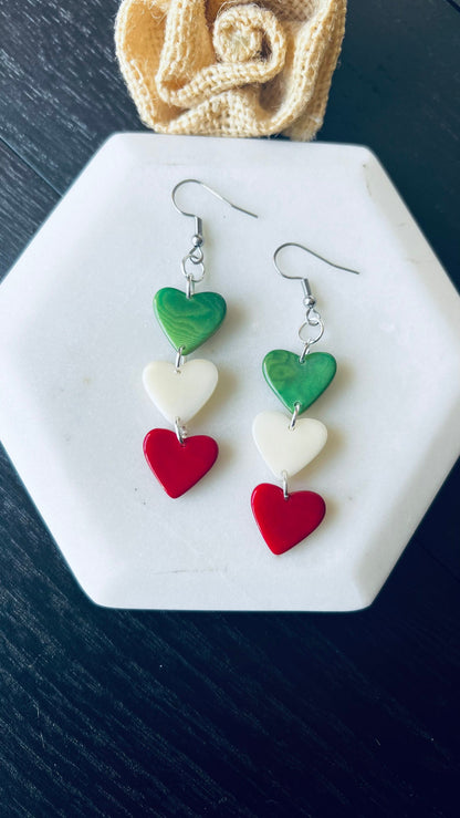 Spring earrings Red green and white hearts extra long statement earrings Tagua jewelry Beach fashion Casual trendy drops Mothers day gifts
