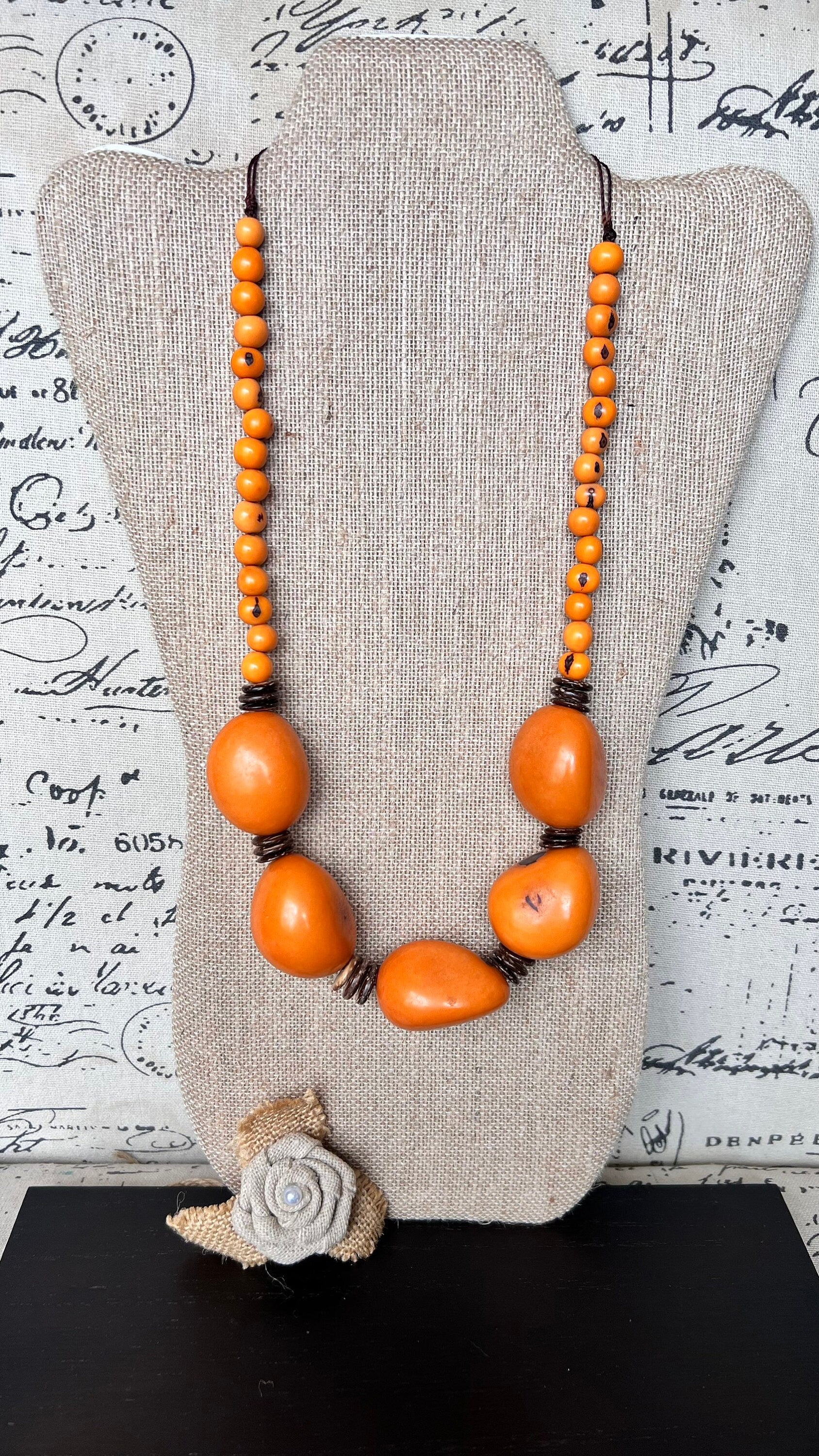 Orange extra long tagua necklace Spring fashion trends Lightweight and adjustable statement Mother's day gifts Anniversary gifts for wife