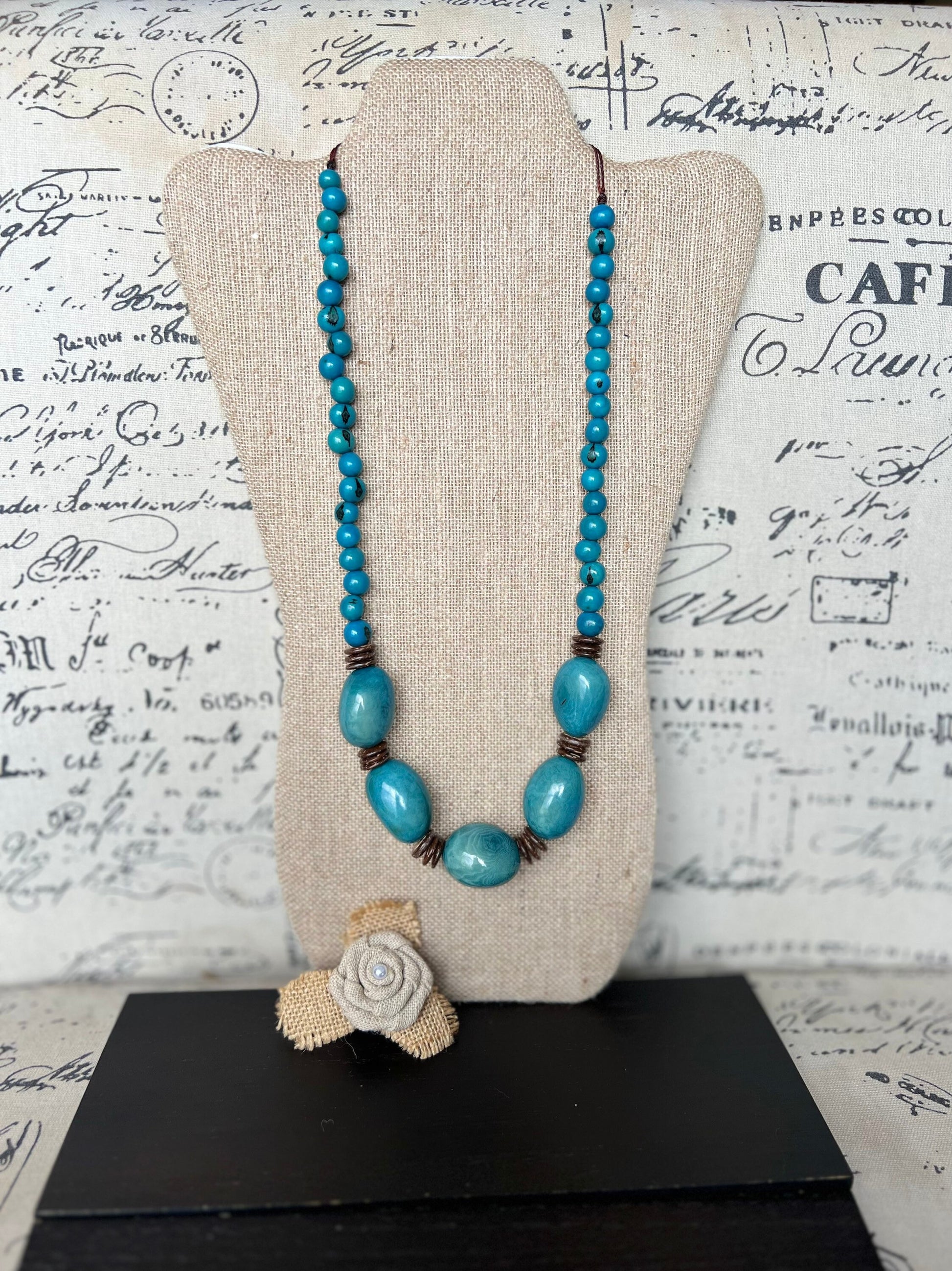 Turquoise blue extra long tagua necklace Spring fashion trends Lightweight and adjustable statement Mother’s Day gifts under 30 for wife