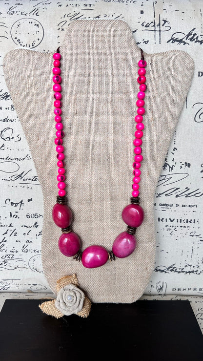 Hot Pink extra long tagua necklace Spring fashion trends Lightweight and adjustable statement Mothers day gifts Anniversary present for wife