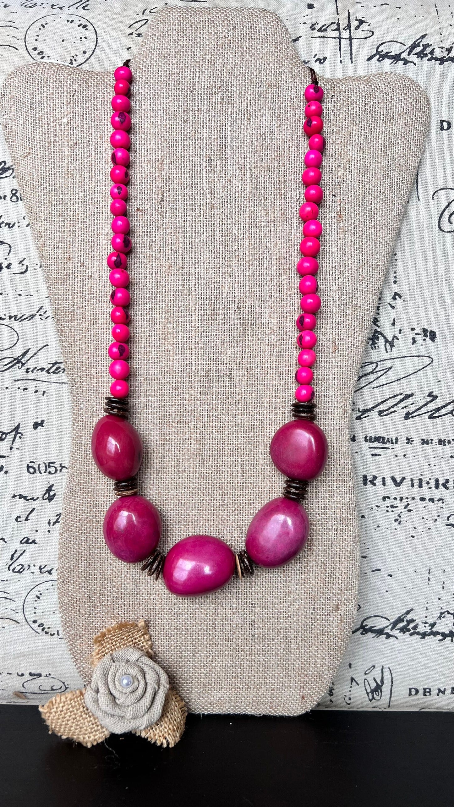 Hot Pink extra long tagua necklace Spring fashion trends Lightweight and adjustable statement Mothers day gifts Anniversary present for wife