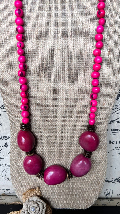 Hot Pink extra long tagua necklace Spring fashion trends Lightweight and adjustable statement Mothers day gifts Anniversary present for wife