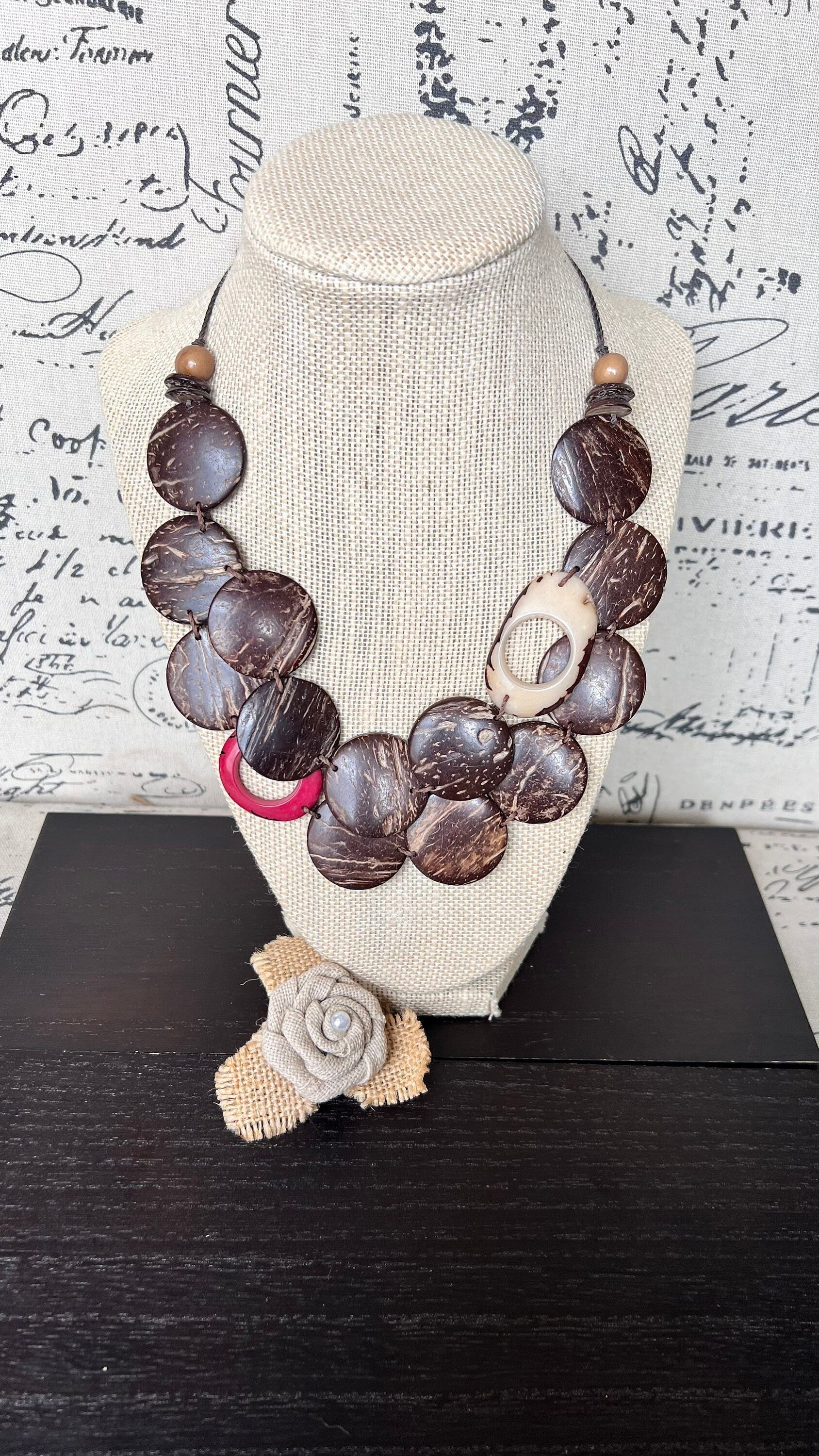 Brown statement necklace Tagua coconut jewelry with red and white accent beads Big bold chunky necklace Double layer bib Christmas gifts