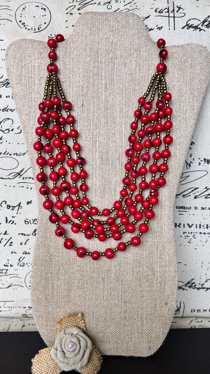Beaded statement necklace Red long Acai seed necklace Lightweight jewelry Beach fashion trends Summer style Anniversary gifts for wife