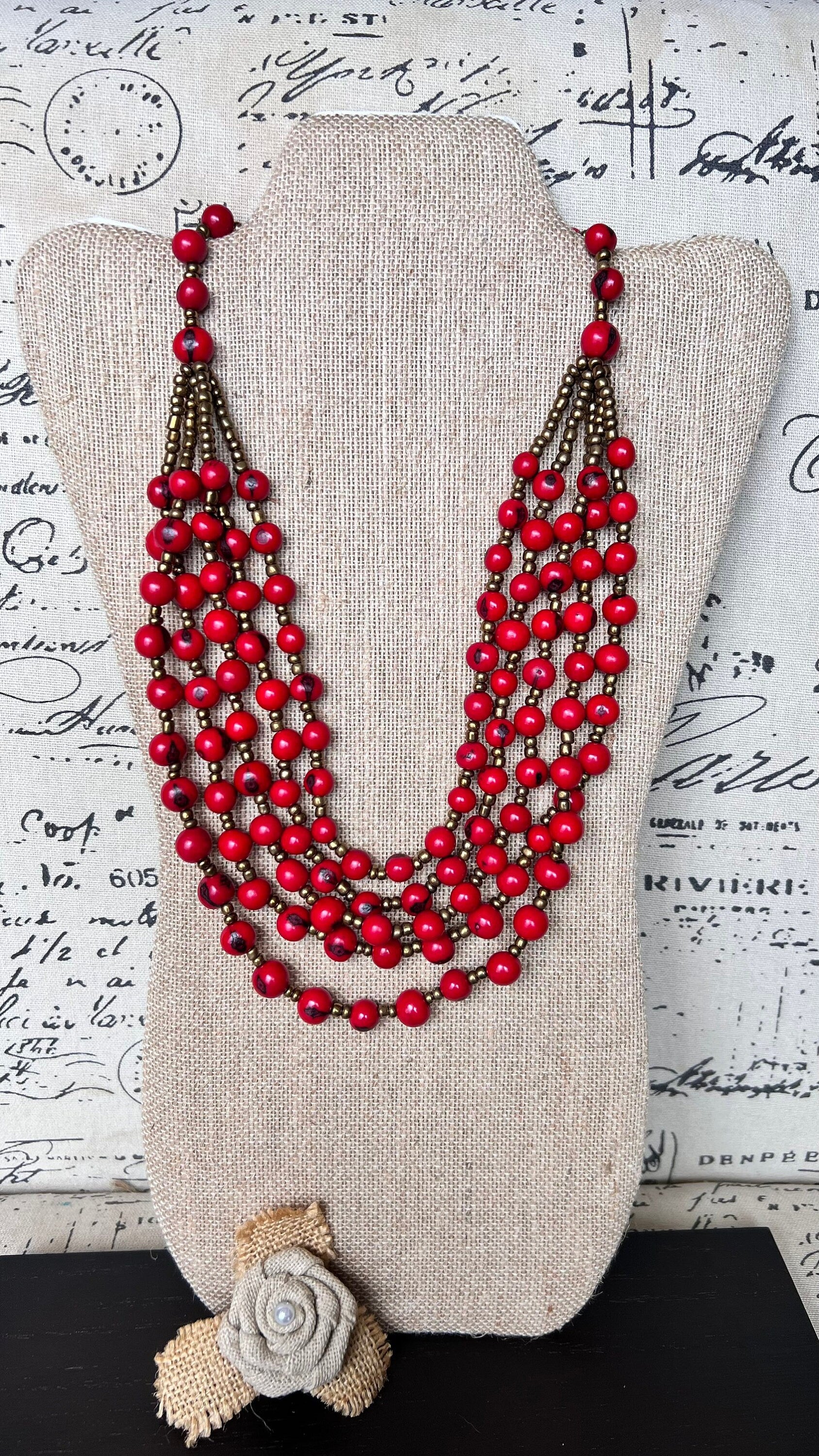 Beaded statement necklace Red long Acai seed necklace Lightweight jewelry Beach fashion trends Summer style Anniversary gifts for wife