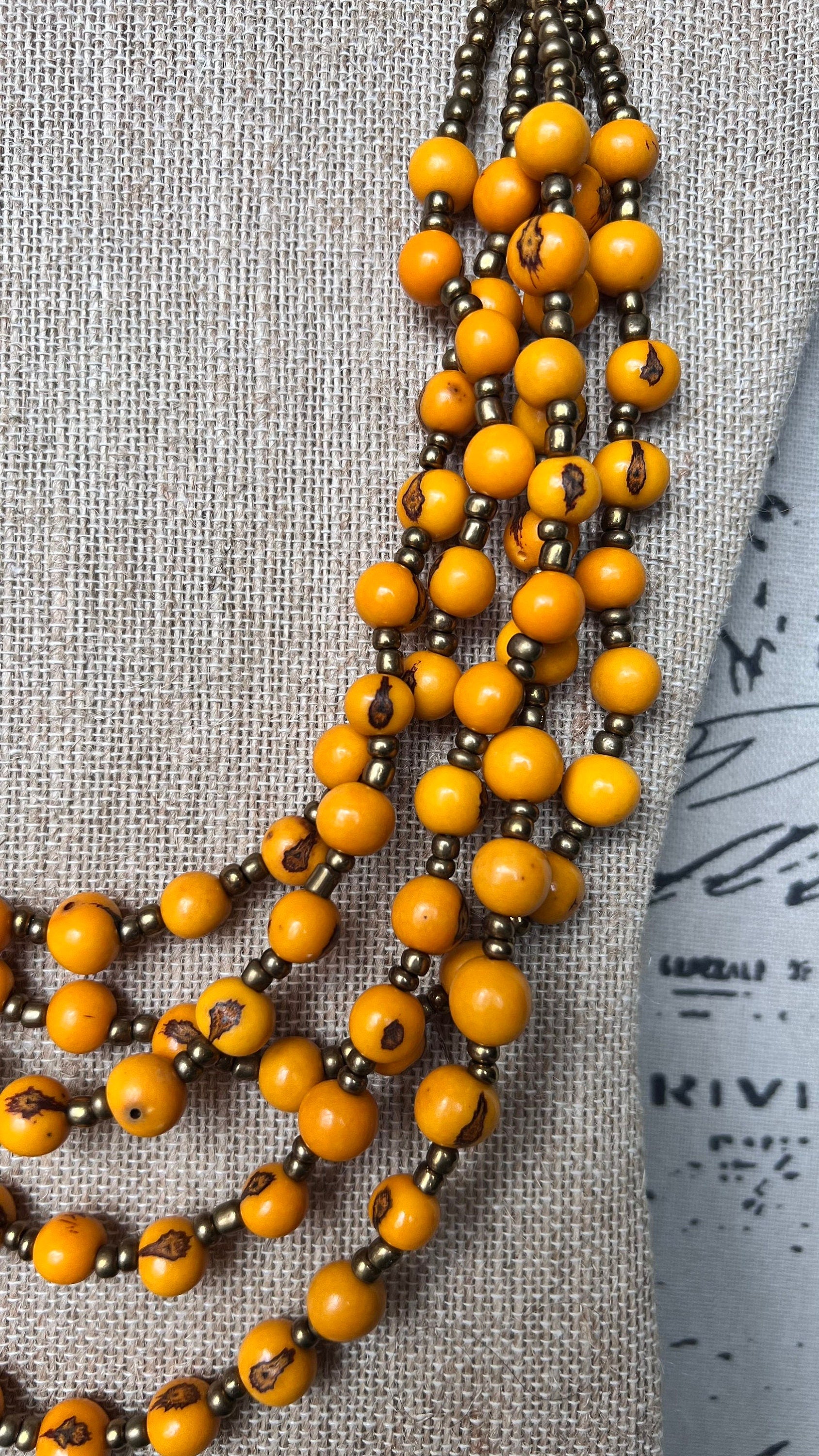 Yellow long Acai seed necklace Lightweight statement collar Beach fashion trends Artisan made in Ecuador Mother's day gifts for mom