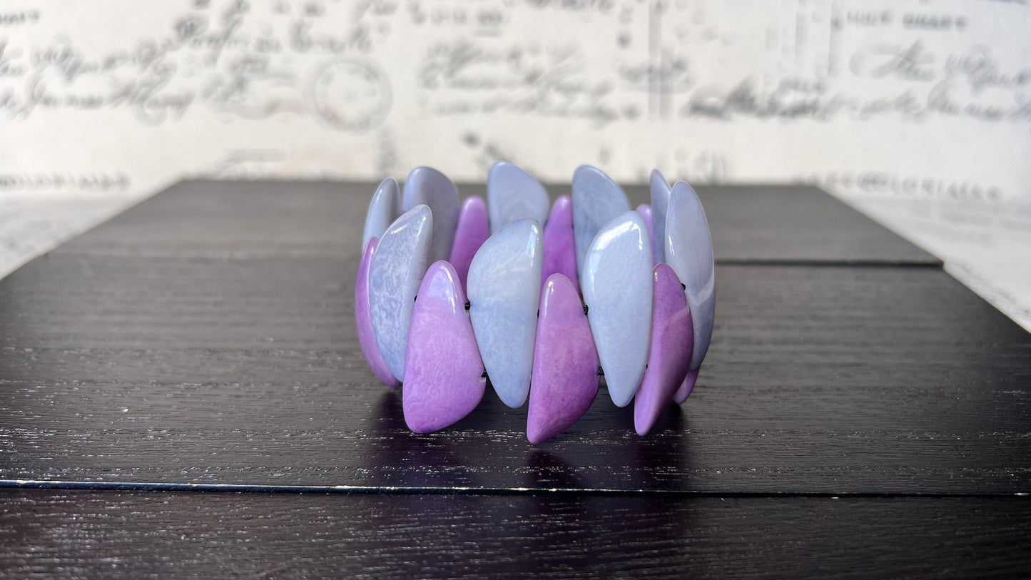 Purple and gray beaded bracelet Tagua jewelry Multicolor stretch bangle Beach wedding trends Mothers day gifts under 25 Spring fashion style