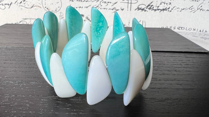 Turquoise green white beaded bracelet Stocking stuffers under 25 Tagua jewelry Multicolor stretch bangle Beach wedding trends Fall fashion
