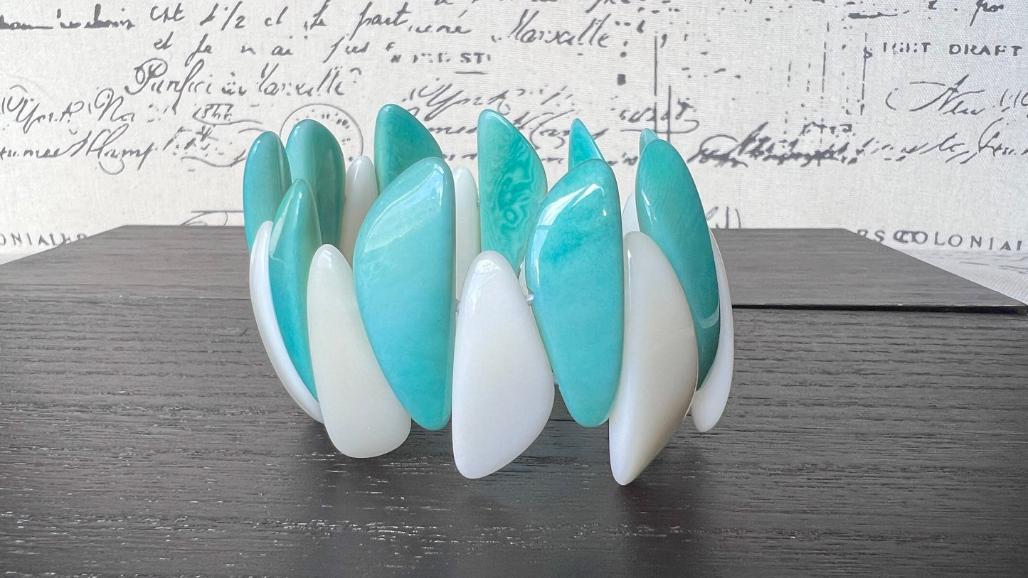 Turquoise green white beaded bracelet Stocking stuffers under 25 Tagua jewelry Multicolor stretch bangle Beach wedding trends Fall fashion