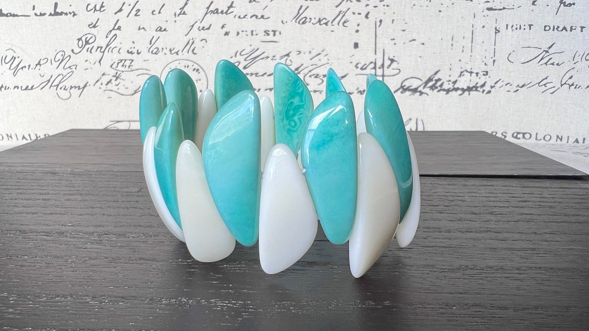 Turquoise green white beaded bracelet Stocking stuffers under 25 Tagua jewelry Multicolor stretch bangle Beach wedding trends Fall fashion